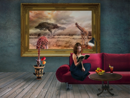 LM Spilsbury things that blow my hair back: woman reading while giraffe leans out of picture to eat plants in vase