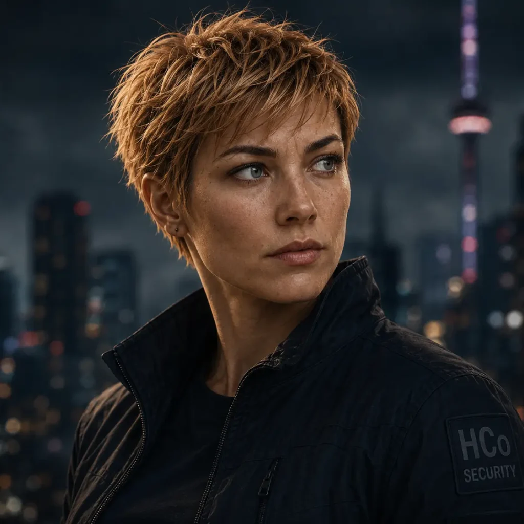 Portrait of Dena Sinclair, a determined young security officer from the Modified Humans series by L.M. Spilsbury