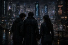Three characters overlooking a futuristic Toronto skyline, representing the relationships at the heart of L.M. Spilsbury's Modified Humans series.