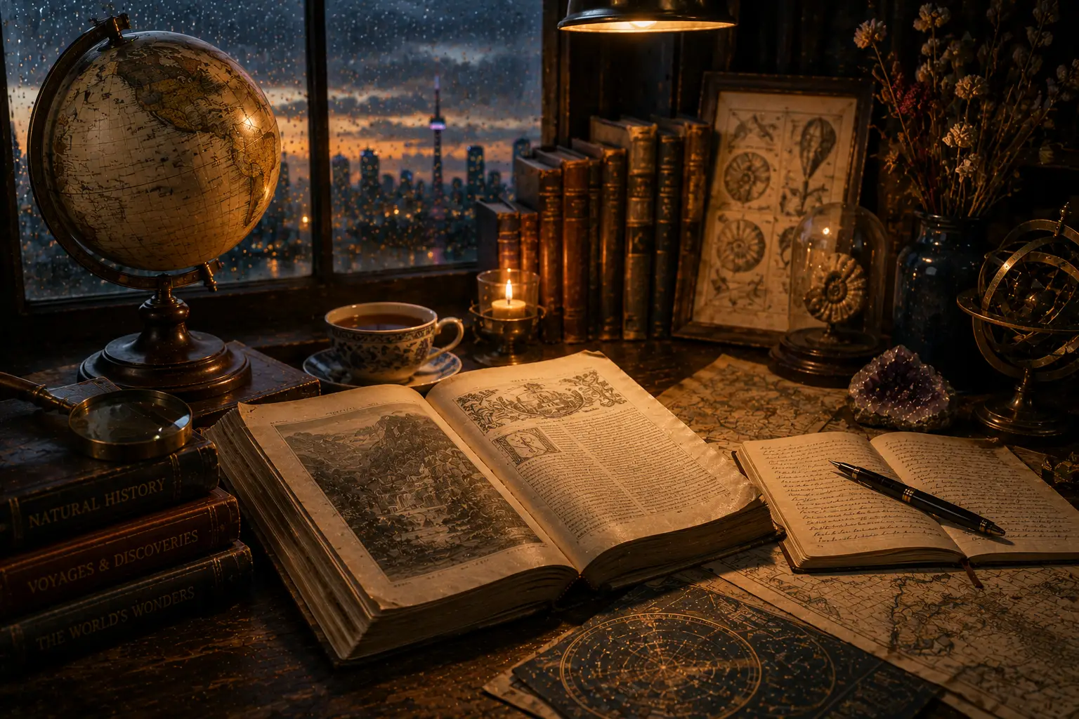 Vintage open book and globe on a writing desk, representing the early years of L.M. Spilsbury's writing journey.