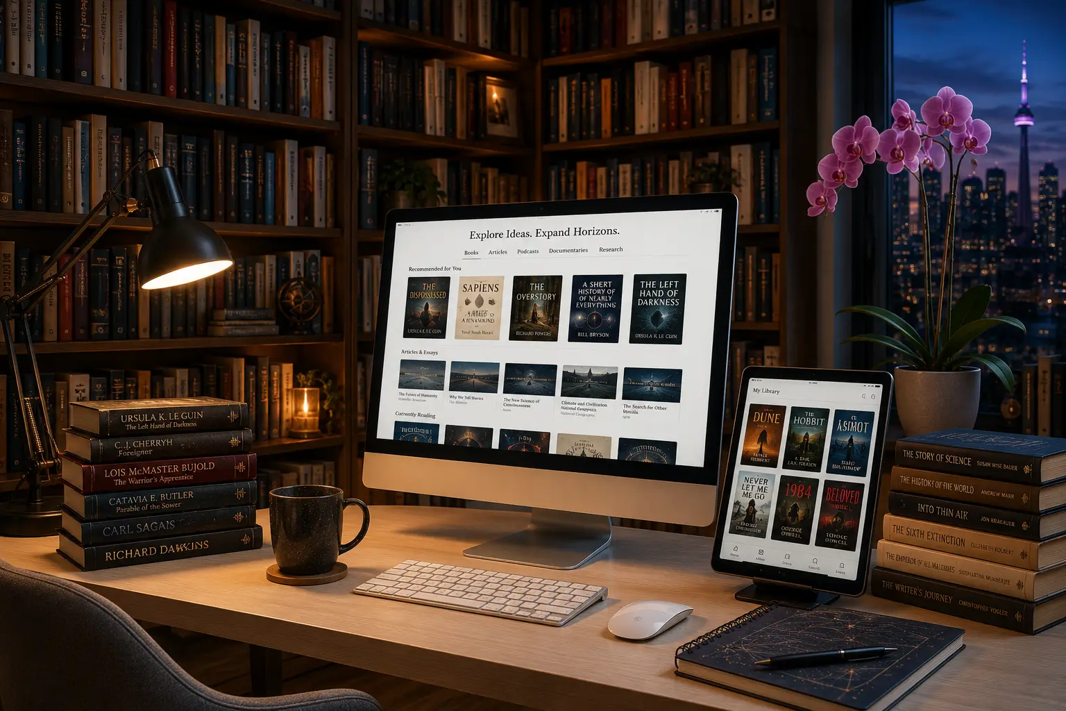 Bookshelves and a modern computer workspace symbolizing the books, research, and digital resources that inspire L.M. Spilsbury's science fiction.