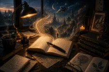 Notebook, fountain pen and warm lamplight symbolizing thoughtful storytelling and the ideas behind L.M. Spilsbury's fiction.